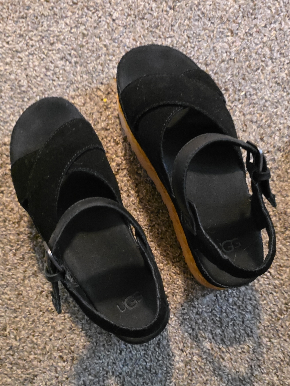 UGG Kids Black Suede Ankle-Strap Sandals with Tan Sole